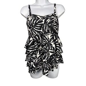 Island Escape Palm Print Tiered Tankini Top Black White Swim Size 10